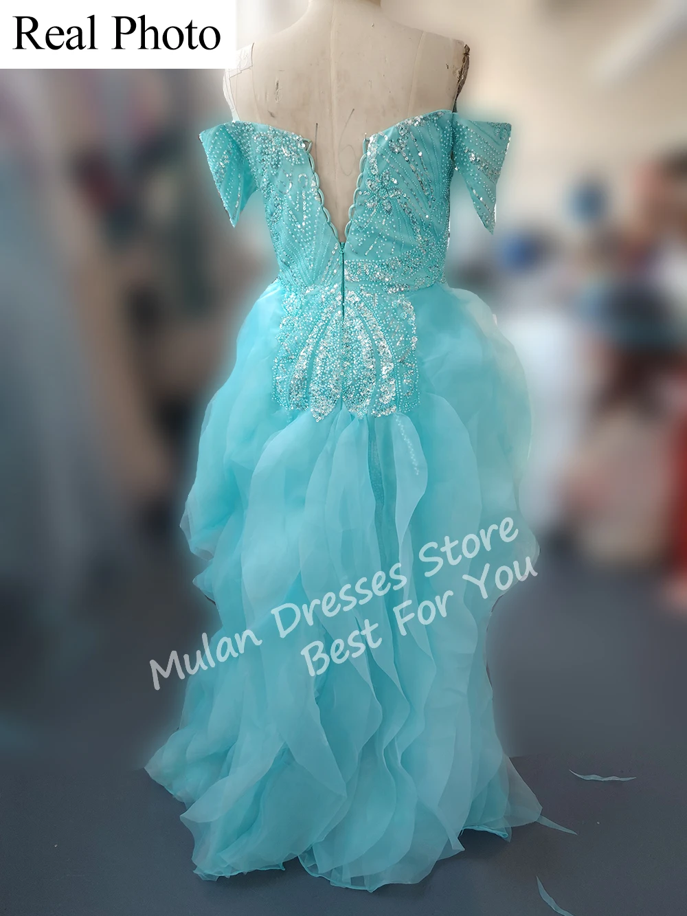 Elegante blaue schulterfreie formelle Abendkleider mit Pailletten, Spitze, abgestufte Rüschen, Ballkleider, maßgeschneiderte Robes de Soirée