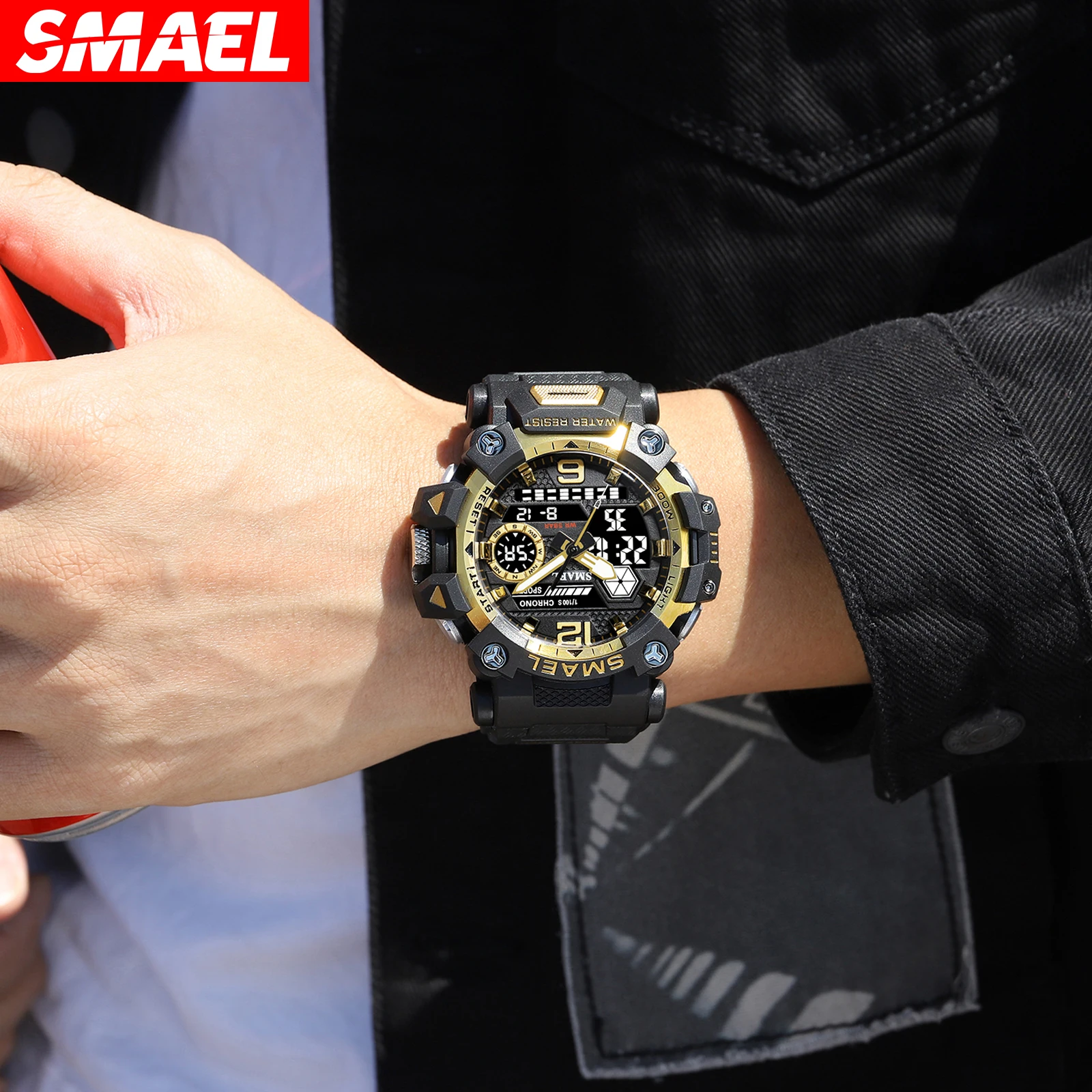 SMAEL 8072 موضة ساعة إلكترونية للرجال مضيئة التقويم مقاوم للماء الرياضة العرض المزدوج الساعات الرقمية للرجل reloj hombre