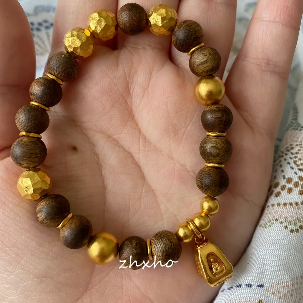 

UMQ Golden Hammergrain Bead Lilka Drum Bead Bracelet Retro Ethnic Style Four-Sided Buddha Pendant Diy Play Bracelet