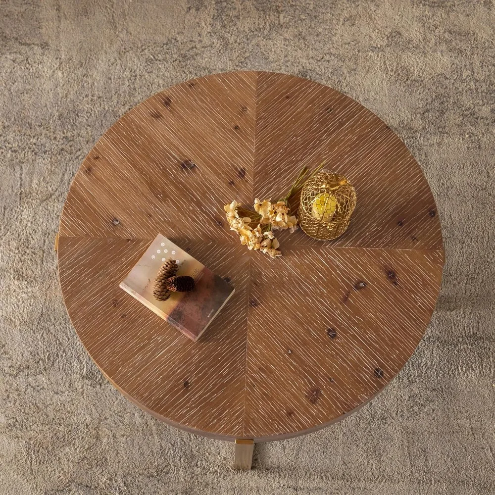 Table basse ronde d'épissure rétro moderne de 33,86 pouces, plateau de table en bois de sapin avec base de pieds croisés dorés