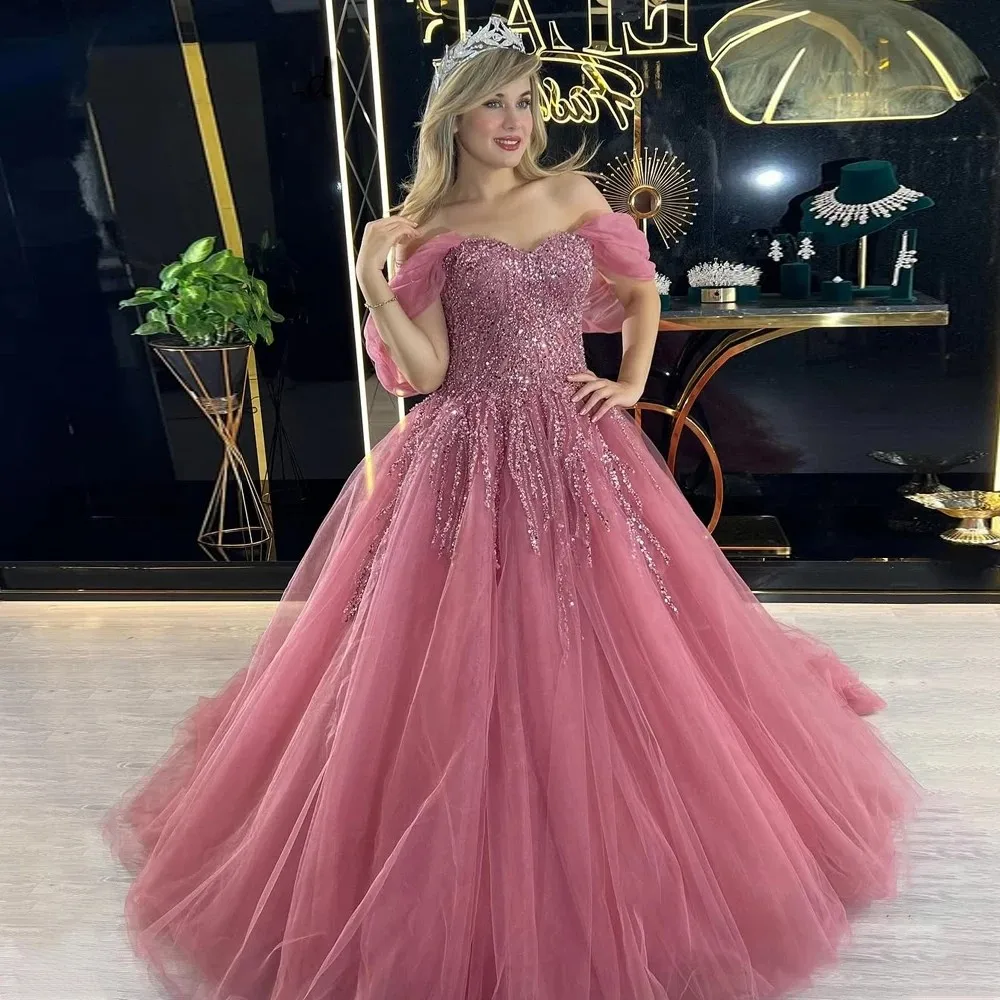 Dark Pink Prom Pageant Dress 2026 Sweetheart Beads Sequins Tulle Lace Up Long Evening Birthday Formal Gowns Vestidos De Dala