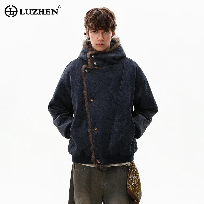 LUZHEN 2025 Winter Fashion High Quality Faux Fur Splicing Hooded Parka Jacket Men's Handsome Original Trendy Padded Coat JY5645
