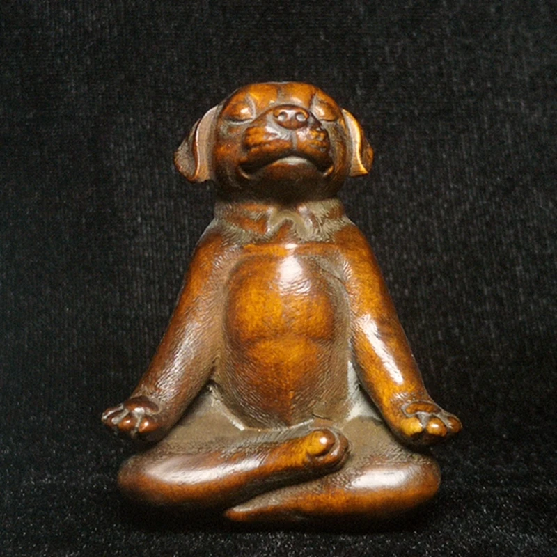 

YIZHU CULTUER ART Size 6 cm Chinese Boxwood hand carved Lovely Yoga Dog Figurine Statue Netsuke Old Decoration Collectable Gift