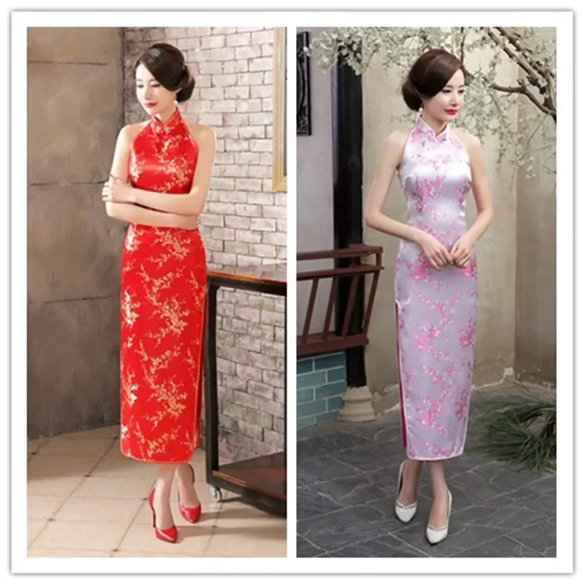 

Розовое Ципао в стиле ретро, китайская традиция, длинное атласное Cheongsam с высоким разрезом, вечернее Cheongsam, облегающее ретро с открытой спиной