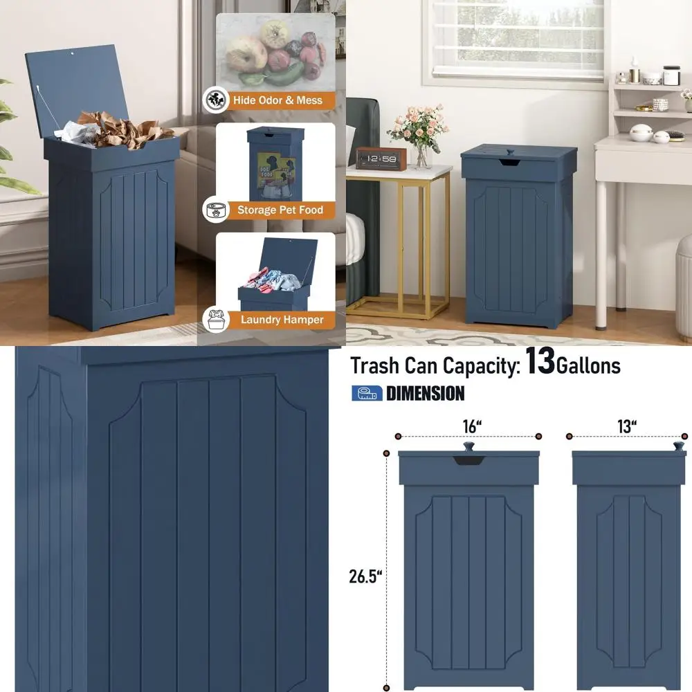 

13 Gallon Wooden Farmhouse-Style Kitchen Trash Can with Lid, Blue, Dog-Proof