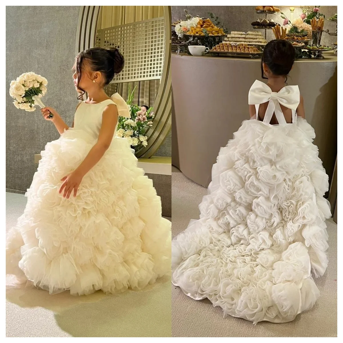 Girls Sleeveless 3D Floral Ruffled Gown With Bow Back Design Suitable For Flower Girl Duties Birthday Parties Piano Recitals