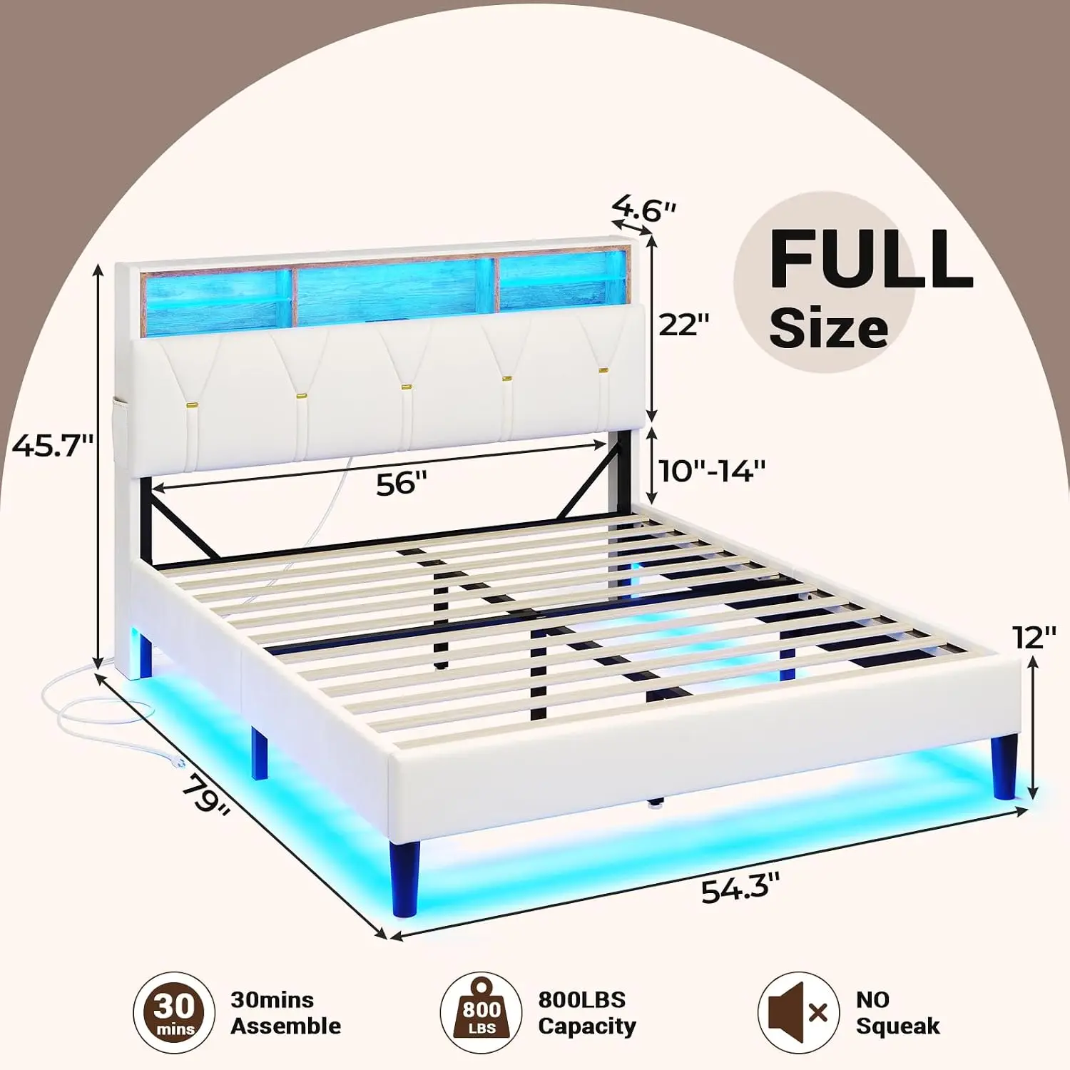 Full Size Bed Frame with Led Lights & Storage Headboard, White | LED Bed Frame with Charging Station, Velvet Upholstered Platfor