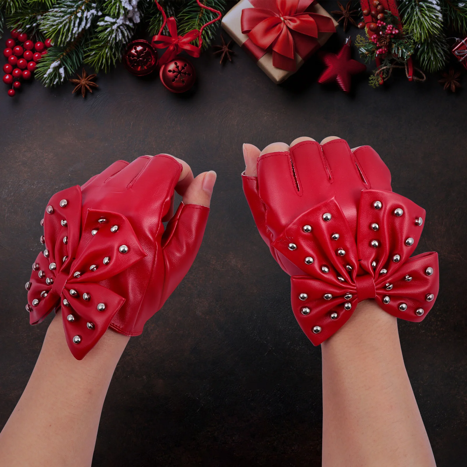 1 par de guantes Retro con remaches y lazo de medio dedo, guantes para escenario de Navidad y Año Nuevo, guantes con remaches