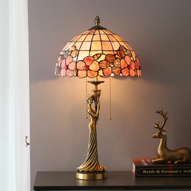 All-copper European-style Dewaxed Torch Goddess Creative Bedside Table Lamp French Tiffany Shell Decorative Ornament Lamps