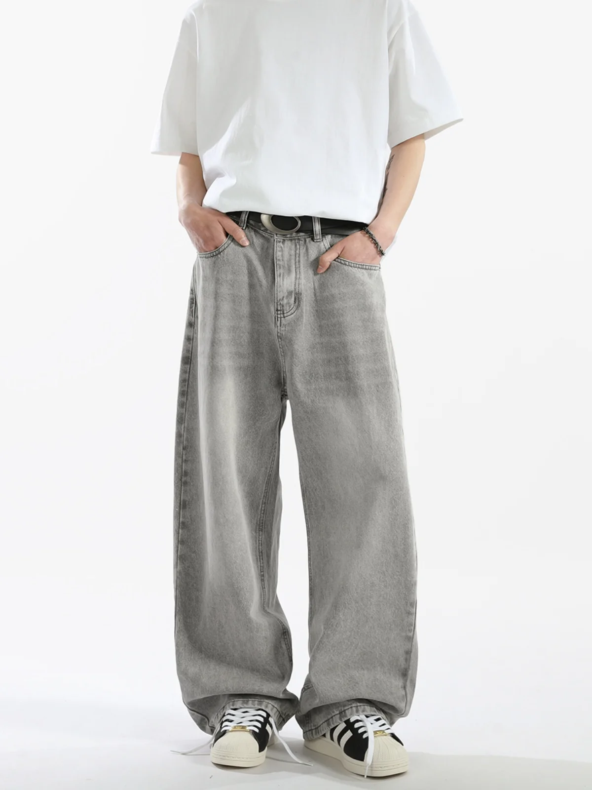 

Retro American ey Denim Jeans Men's Loose Straight Casual Versatile Dra Pants Wear Resistant Long Trousers mid Waist