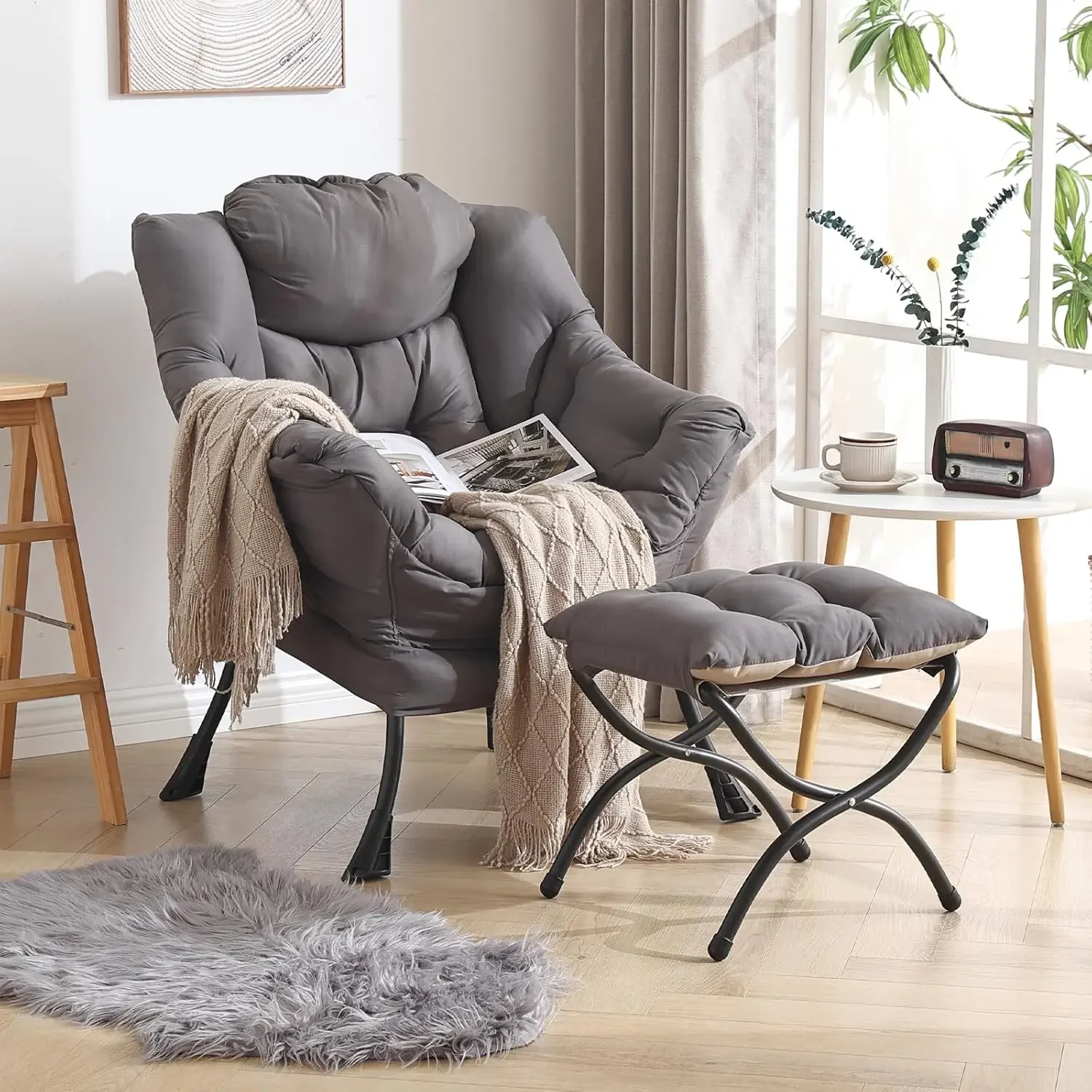 Lazy Chair with Ottoman, Modern Lounge Accent Chair with Armrests and a Side Pocket, Leisure Upholstered Sofa Chair