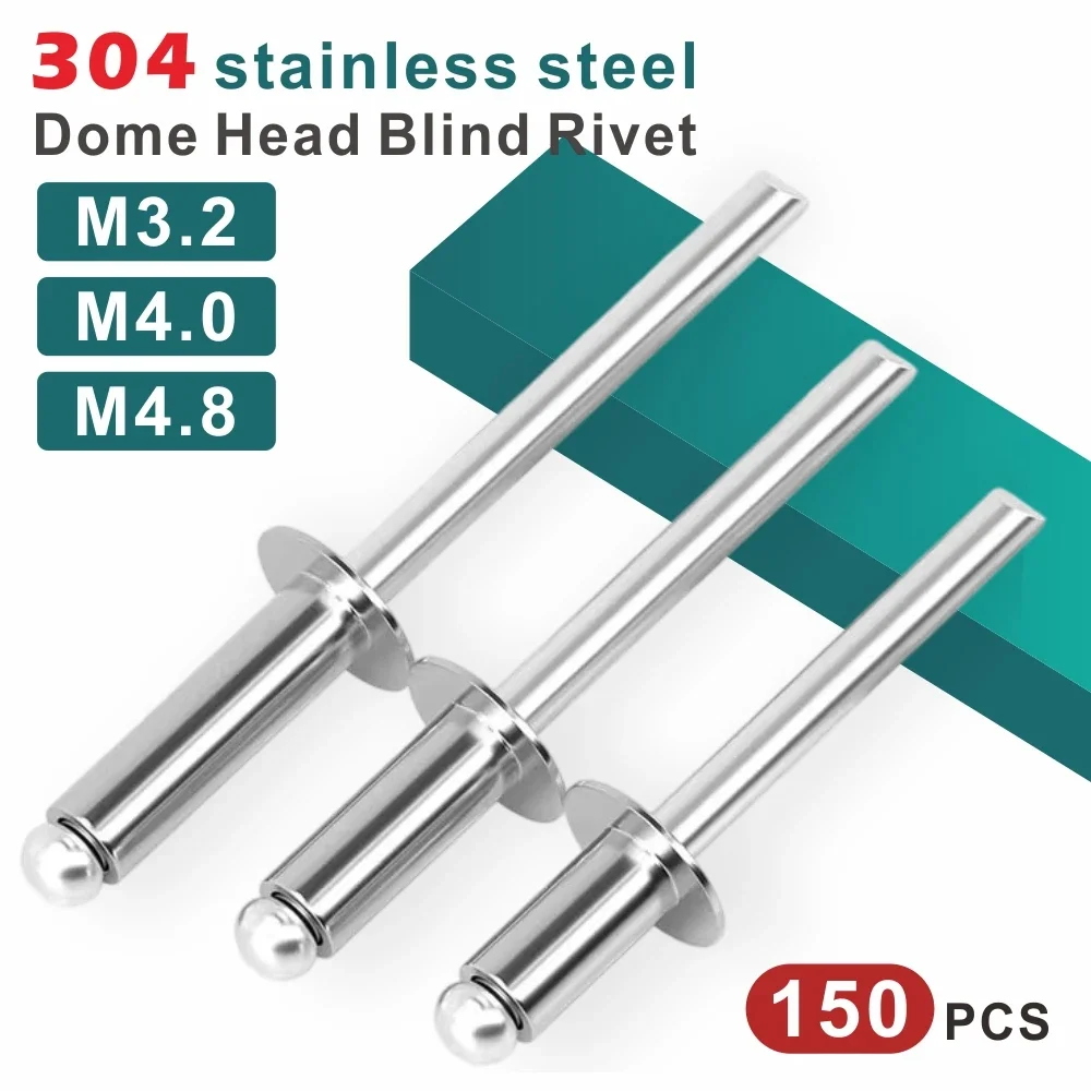 

150PCS 304 Stainless Steel Blind Rivets-Semi-Steel Pop Rivets M3.2 M4 M4.8 for Auto & Home DIY