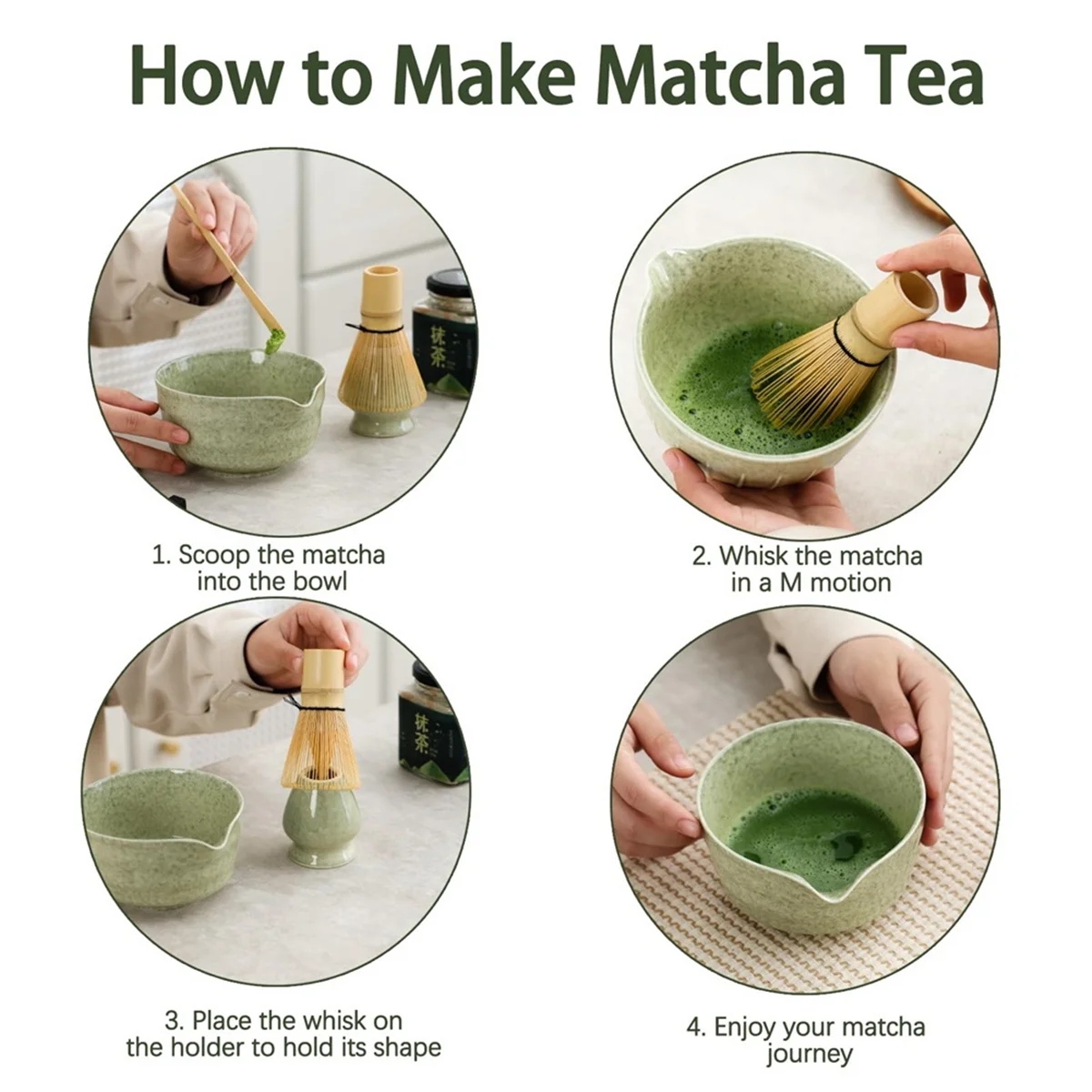 Matcha-set, Japans theeservies inclusief Matcha-kom met uitloop, Matcha-houder, bamboe Matcha en bamboeschep