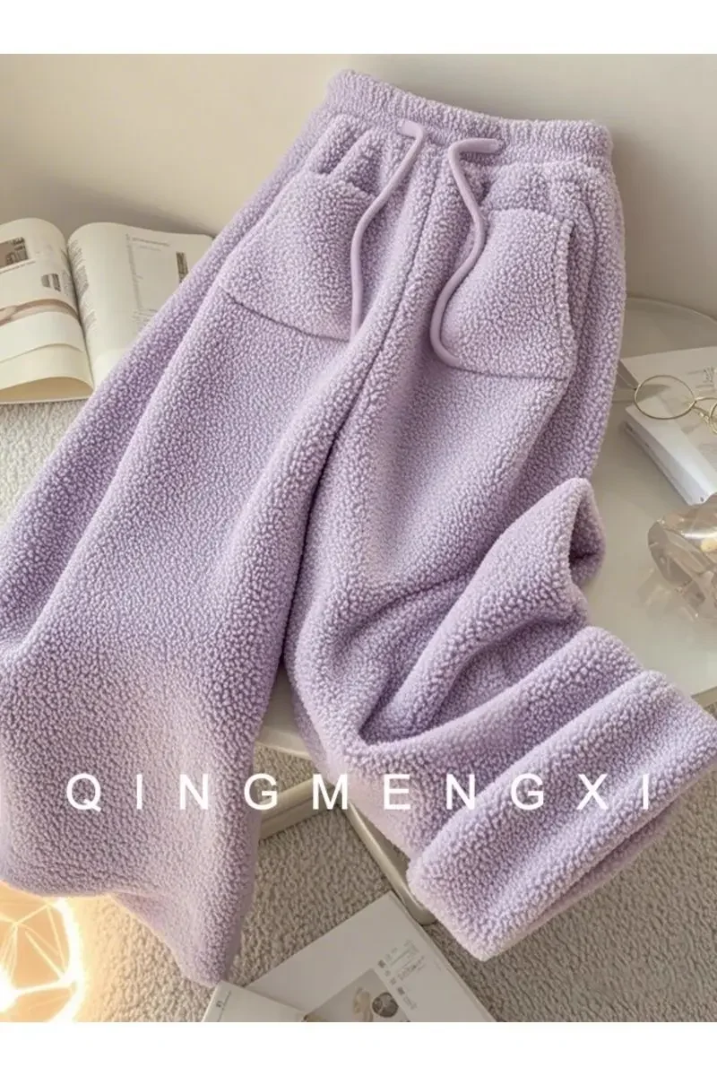 Pantalon en fourrure d'agneau violet automne hiver nouveauté à la mode grande taille pantalon Long à la mode femmes jambe droite ample