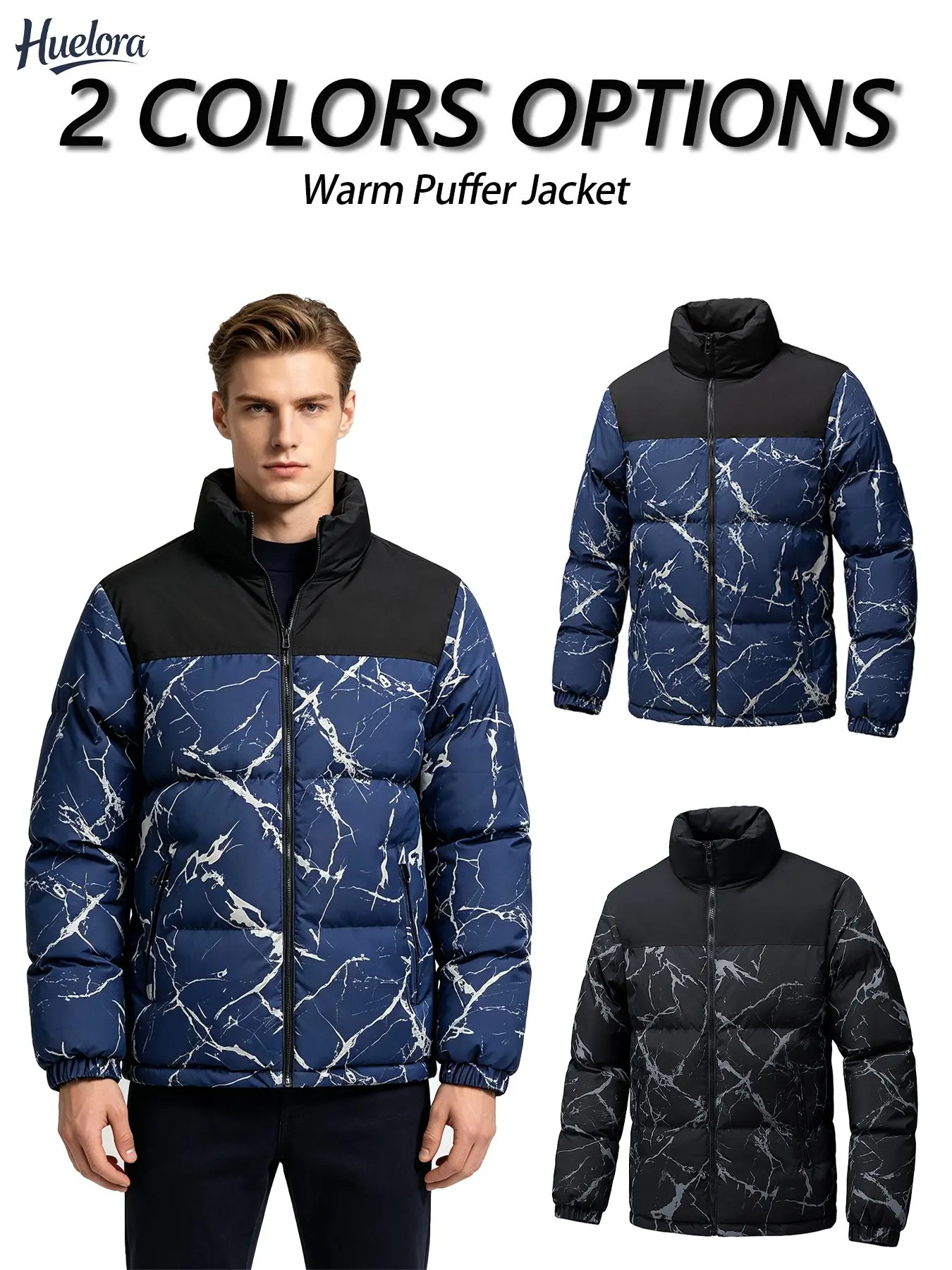 Men’s Winter Stand‑Collar Padded Jacket, Marble Camo Print Splicing Coat, Windproof Elastic Cuffs Zipper Security Pockets