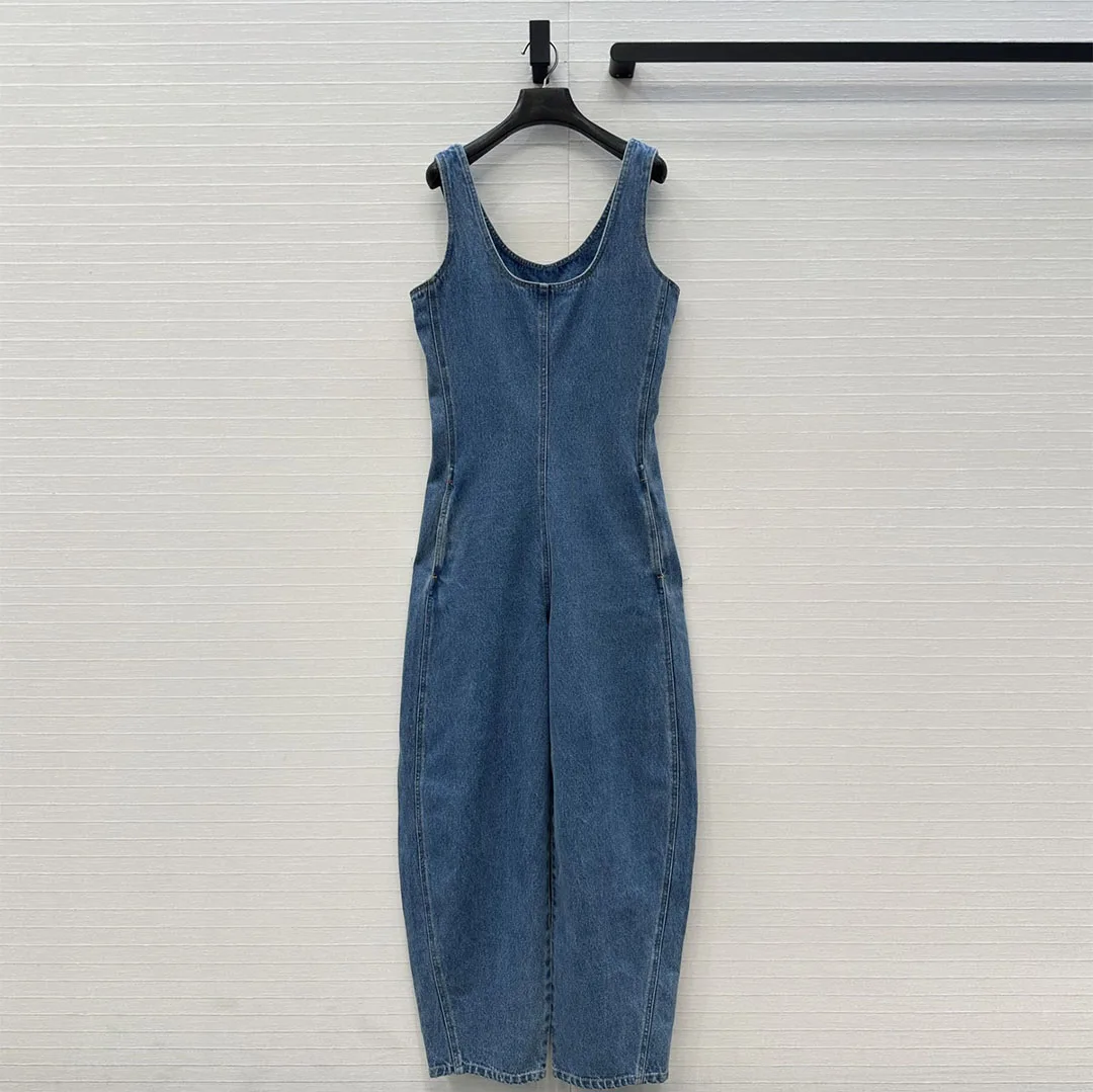

Streetwear Vintage Blue Denim Floor Length Jumpsuit Women Sexy O-neck Sleeveless High Waist Loose Wide Leg Casual Overalls