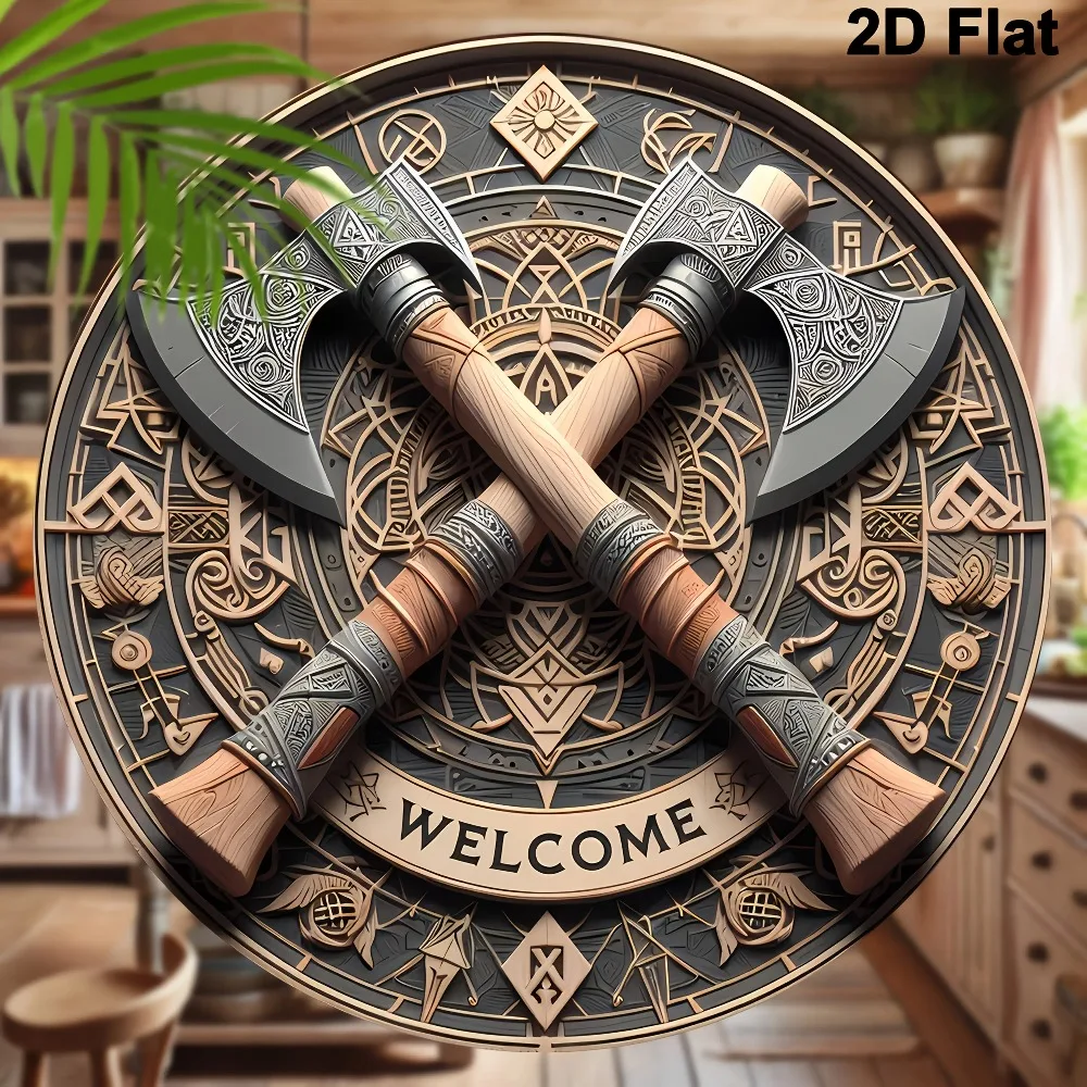 Viking Axe Welcome Sign - 8inch X 8inch Round Wooden Wall Decor, Suitable for Home, Porch, Living Room, and Office