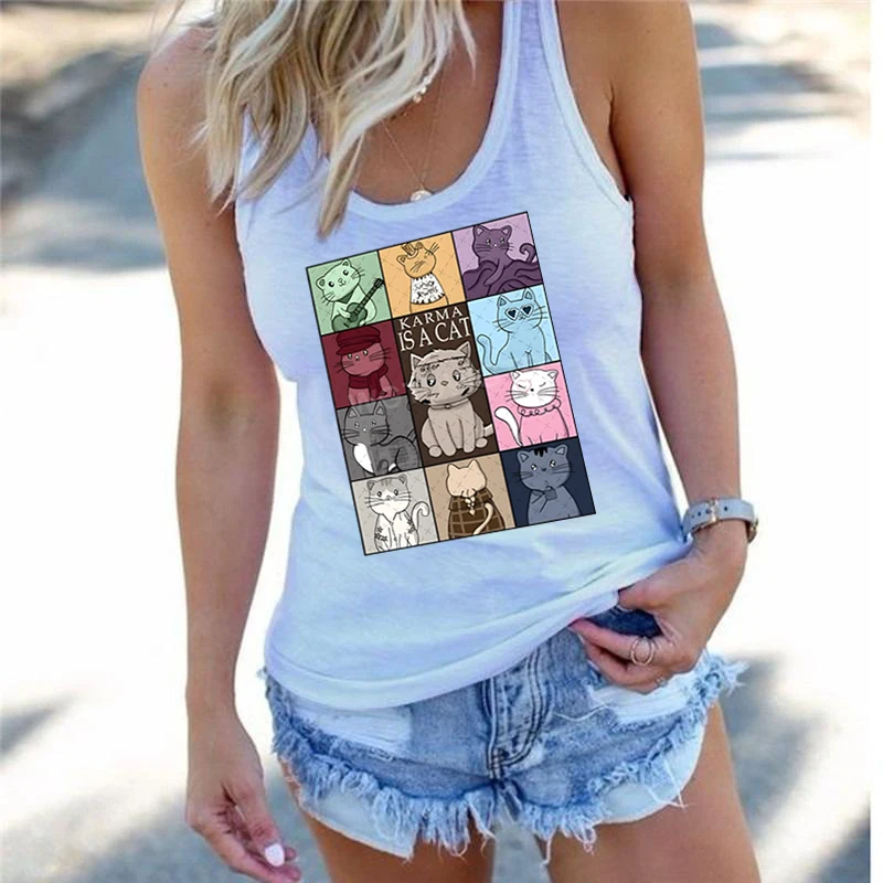 Karma Is A Cat Tank Top Women Midnights Cats Racerback Tanks Cute Animal Lover Gift Summer Outfit Cat Owner Gift Fashion Tops