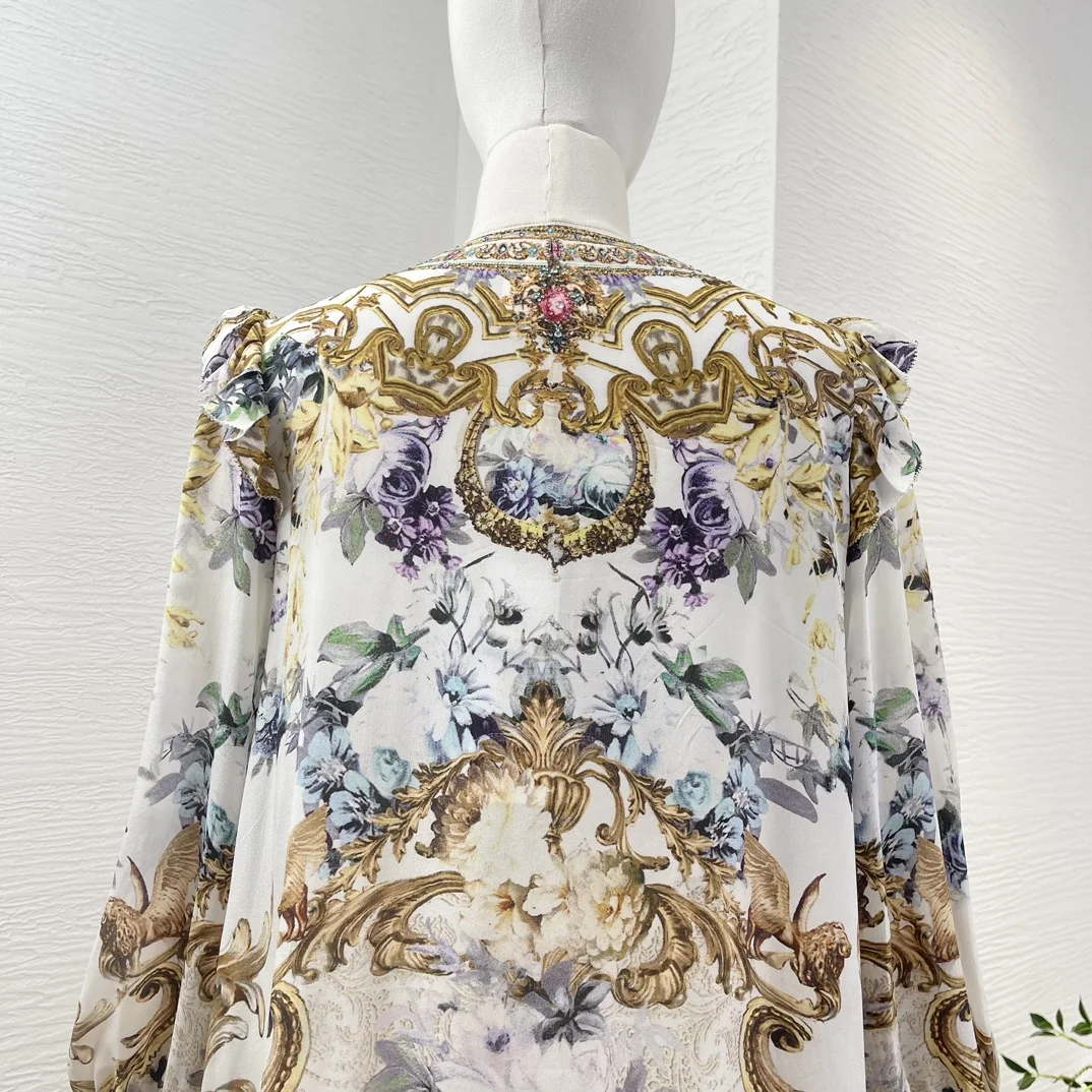 Pure Silk 2024 New Golden White Floral Print Long Sleeve Diamonds Pressed Ruffles Loose Women Pullover Mini Dress