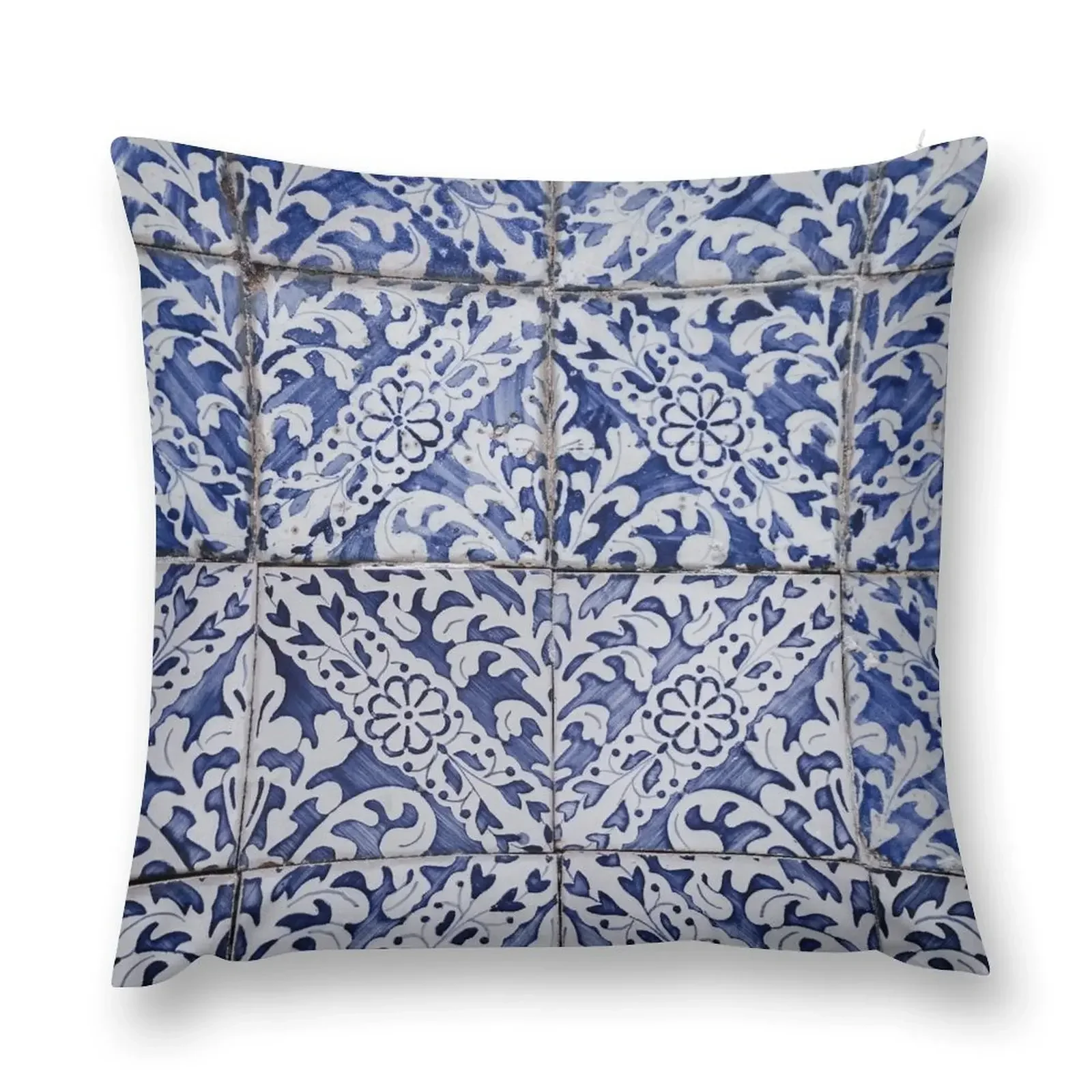 Portuguese Tiles Pattern - Azulejo Blue and White Floral Leaf Design Throw Pillow Decorative pillowcase Custom Cushion pillow