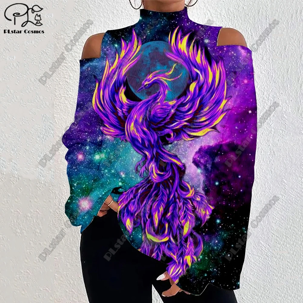 3D printing animal series dragon and phoenix pattern women's lantern sleeves off-shoulder texture casual long sleeves  F-3