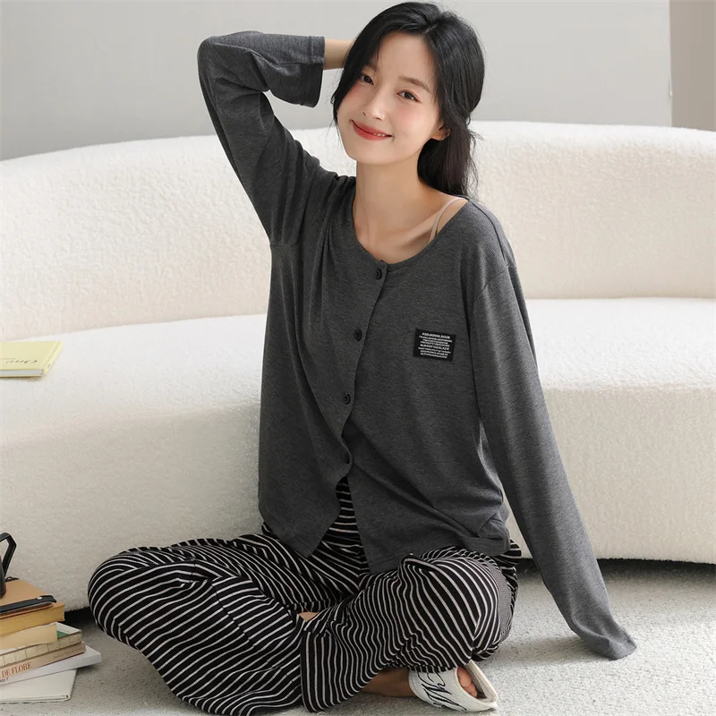 

Fashion Women's Pajamas Set New Comfort Modal Sleepwear Home Suit Lounge Spring Autumn Pyjama Femme Nightwear Trousers Sets