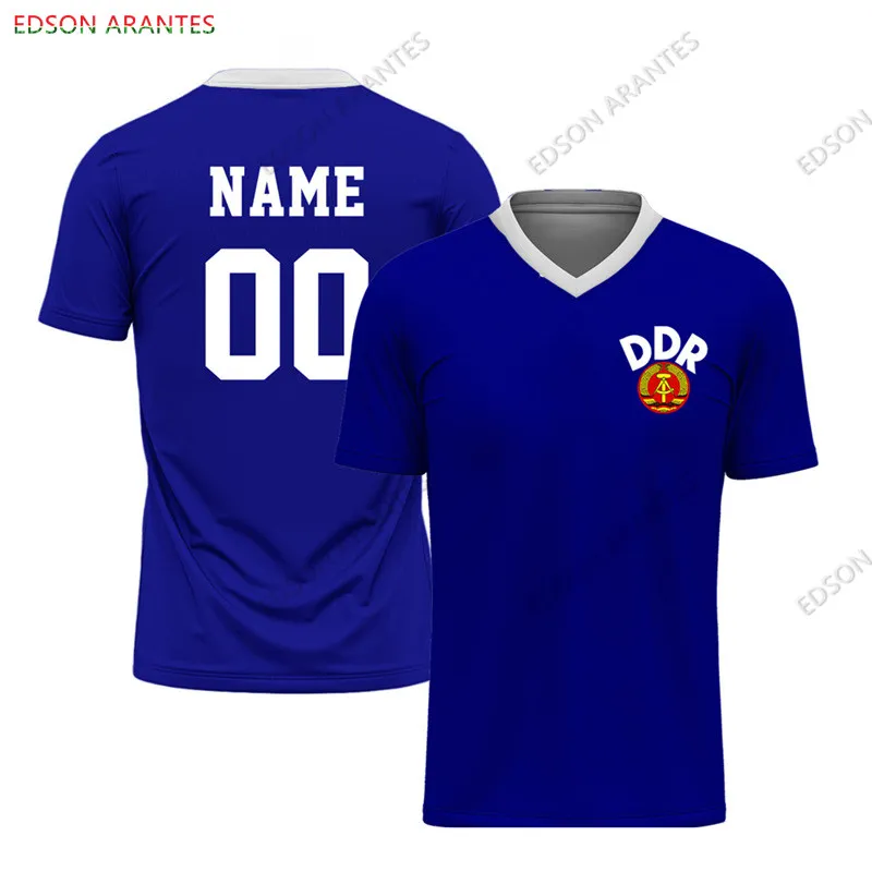 Custom Retro DDR 1970s Footy T-Shirt Men Women V-Neck DIY Name No. Futbol East Germany Uniform Shirt Top German Fans Jersey Tees