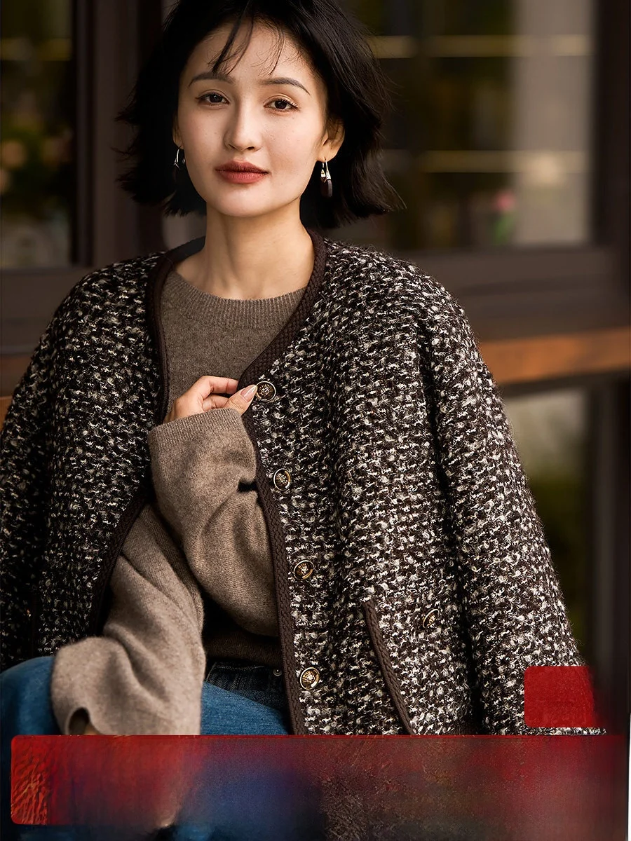 

Xhange Splendid Life Goose down Jaet Cozy Warm Woolen Twill Fabric Spring New Year Crisp Wind Sle Loose Fit Long Sve