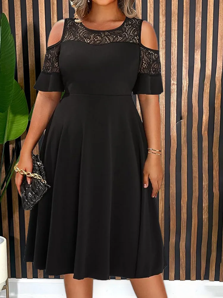 

SKMY Women Clothing Fashion Elegant Evening Party Lace Patchwork Round Neck Cold Shoulder Solid Color Short Sleeve Black Dress