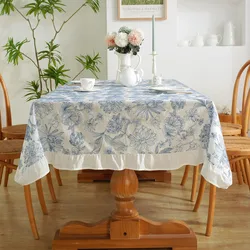 Cotton Table Cloth Waterproof Oilproof Blue and White Porcelain Embroidery Table Cover Decoration Coffee Tea Table Protector