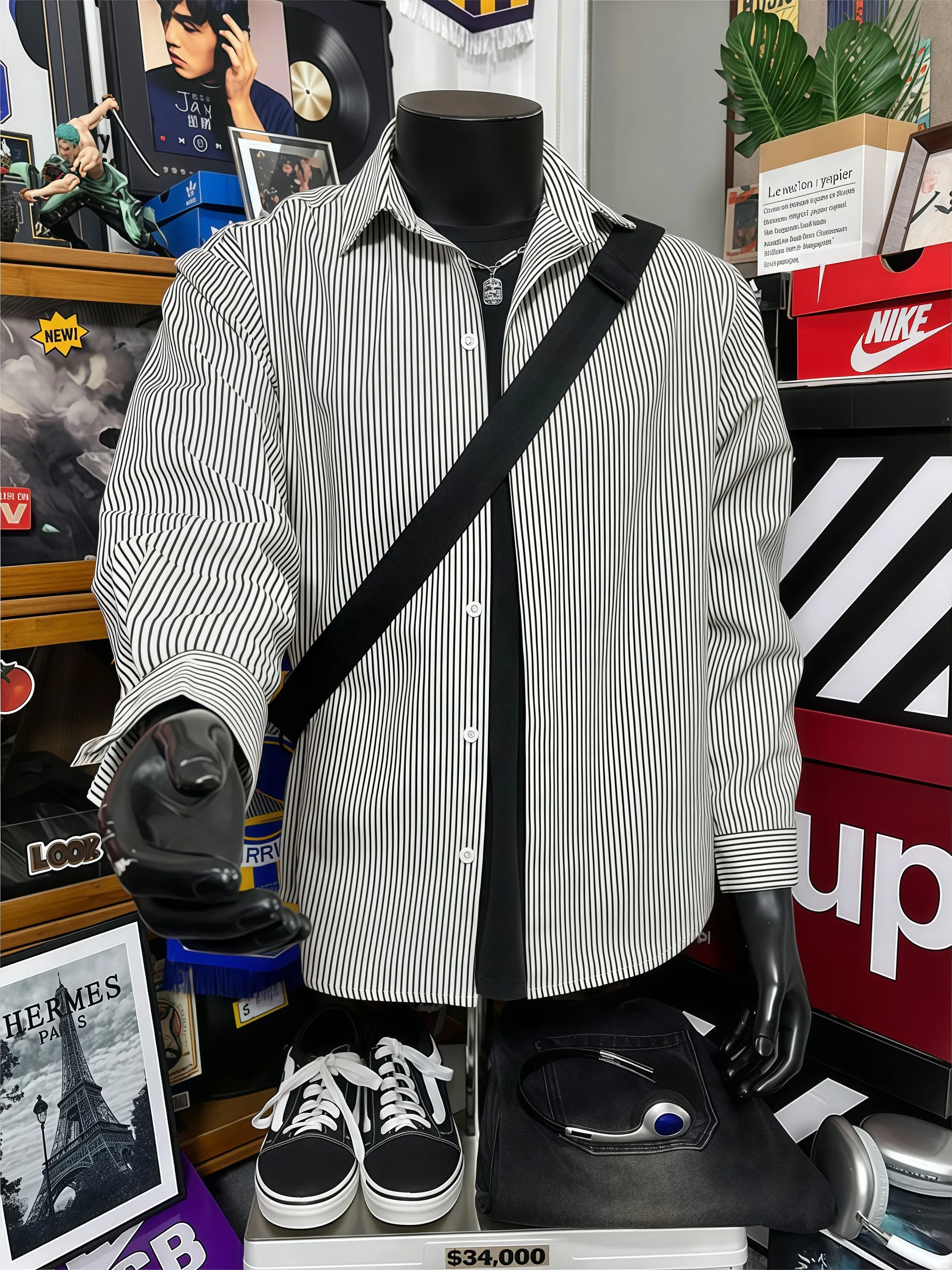 

Men's Black White Vertical Stripes Long Sleeve Shirt Collared Spring Fashionable Layering Cleanfit Outerwear Casual Style