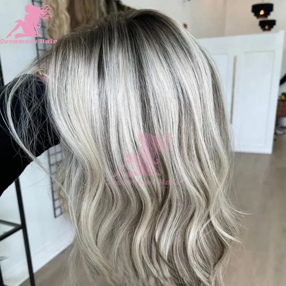 Peruca de cabelo humano com destaques, Raízes escuras, Ombre Ash Grey, Lace Frontal Transparente, 100% cabelo humano, 13x4 Lace Front Perucas com cabelo de bebê