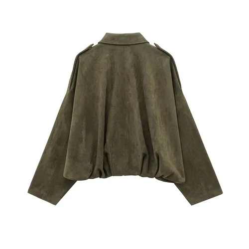 Imagen 2 del producto 2025 Chaqueta con cuello de ante sintético para mujer con correas en los hombros, corte holgado, elegante, verde oliva, a la venta