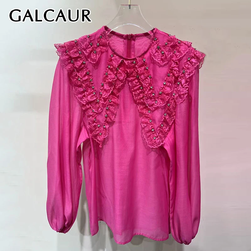 

GALCAUR Solid Slimming Spliced Bead Blouse for Women Round Neck Long Sleeves Patchwork Applique Elegant Top Female Clothing New
