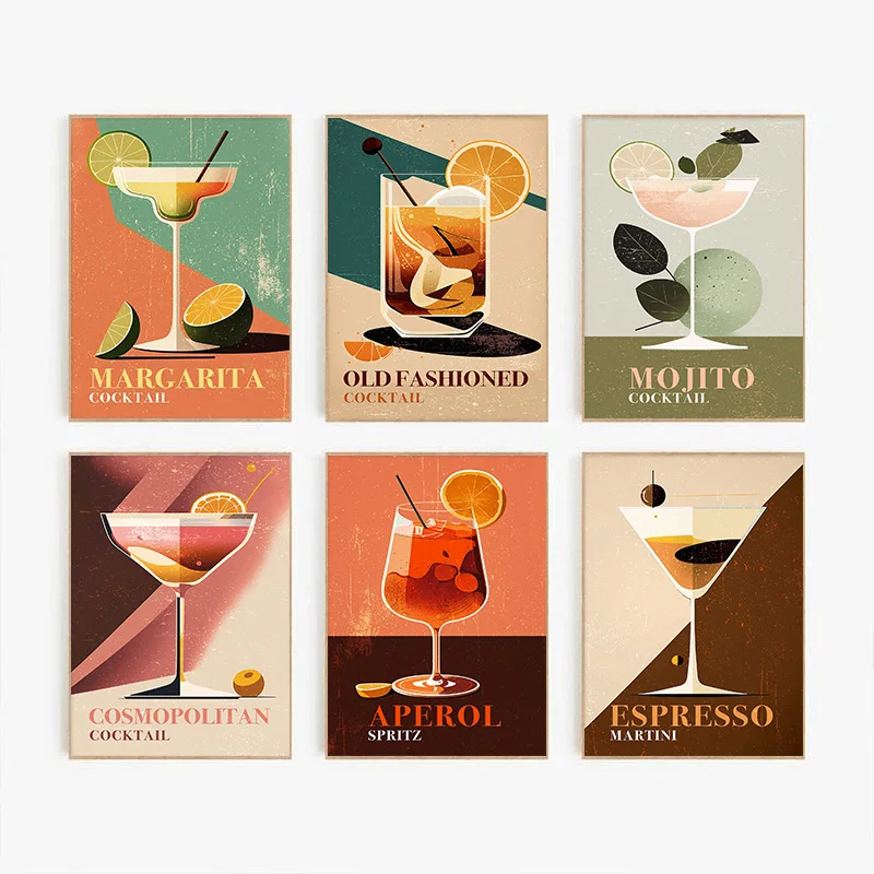 Vintage Cocktail Mojito Aperol Cosmopolitan Lemon Orange Poster Print Wall Art Pictures Canvas Painting Room Home Decor Gift