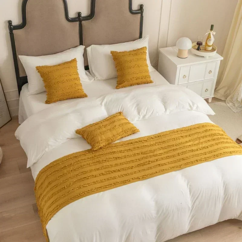 Nordic Solid Cotton Linen Striped Bed Flag Hotel Homestay Bed Towel Minimalist Decoration Jacquard   Soft Comfortable Bed Cover