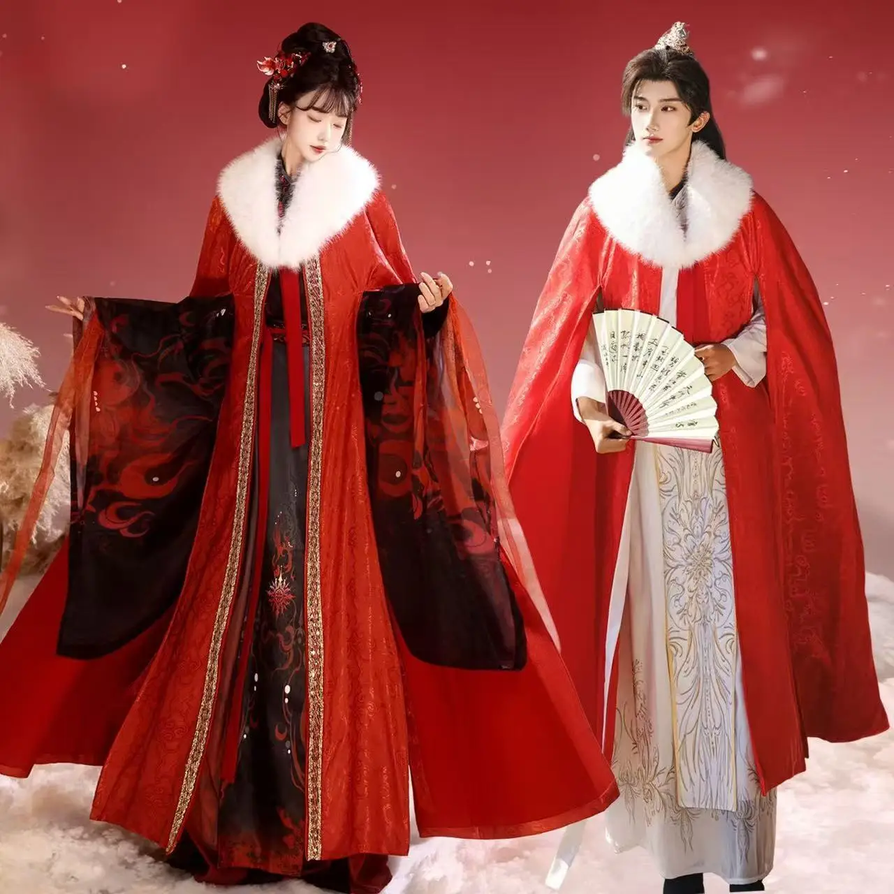 

Festive Red Hanfu Cloak Traditional Chinese Plush Collar Printing Long Robe Couples Cosplay Costume New Year Xmas Outer Cape