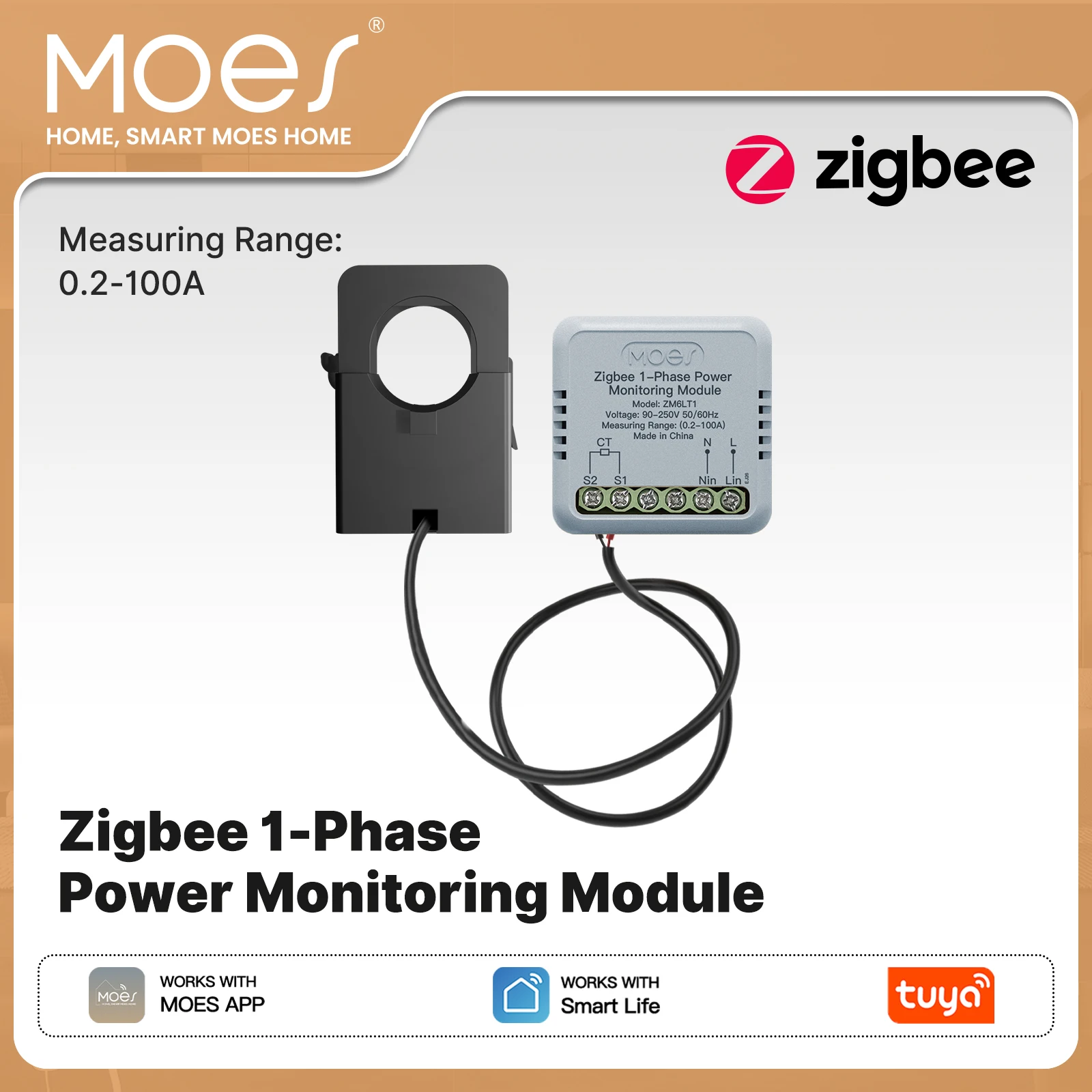 

MOES Tuya Zigbee Smart 1-Phase Energy Power Meter 100A APP Monitoring Module Bidirectional With Current Transformer Sensor Clamp