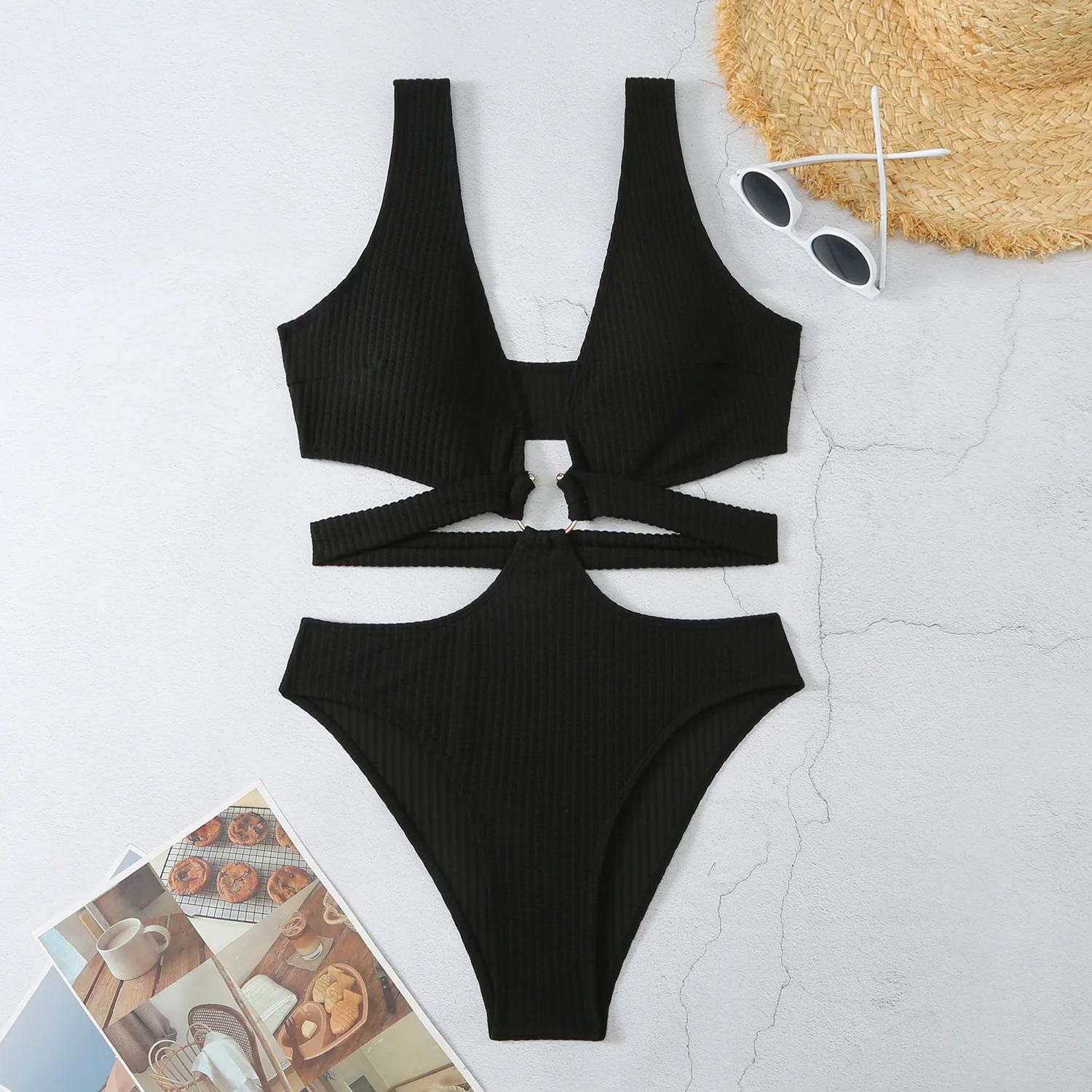 Cut Out Halter Women Swimwear One Piece Swimsuit Female High Leg Cut Monokini Bather Black Bathing Suit Swimming Pool Beach Wear