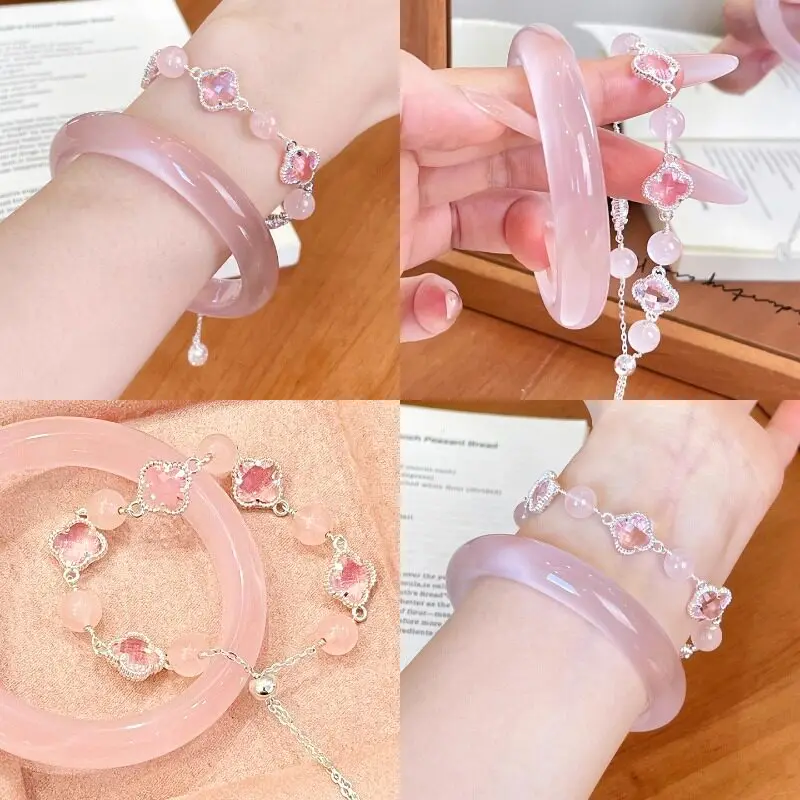 Natural cat eye bracelet female unpopular white moonlight high ice translucent pink beauty pink crystal bracelet