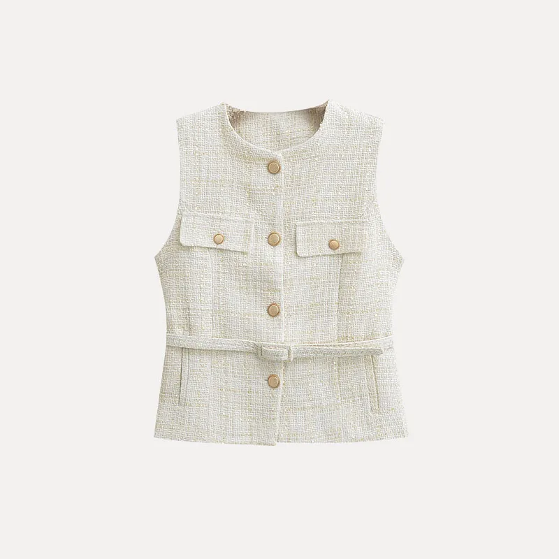 

Faionable Street Sle Women's Vest 2025 Spring Season Beaded Belt Decoration All-Match Simple Design Polyester Fiber