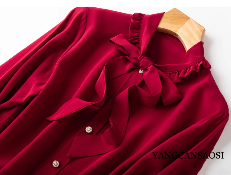 Imagem -03 - Camisa Crepe de Seda Francesa Feminina Elegante Colarinho de Fita de Seda Borda de Madeira Manga Longa Dupla Colarinho Vintage Vermelho Novo 2023