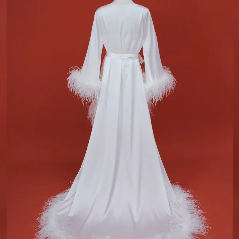 Peignoir long en plumes d'autruche pour femmes, chemise de nuit en tulle doux, robe en spandex, vêtements de nuit pour dames, vêtements de fête d'anniversaire