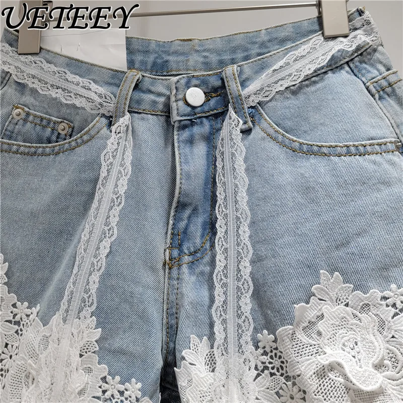 Lace Splicing Denim Shorts Women's 2025 Summer New Chic Design High Waist Short Jeans Sweet Spice Girl A-line Hot Pants
