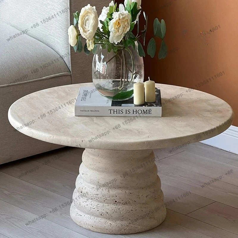 

French light luxury natural travertine high-end coffee table living room household marble round small apartment