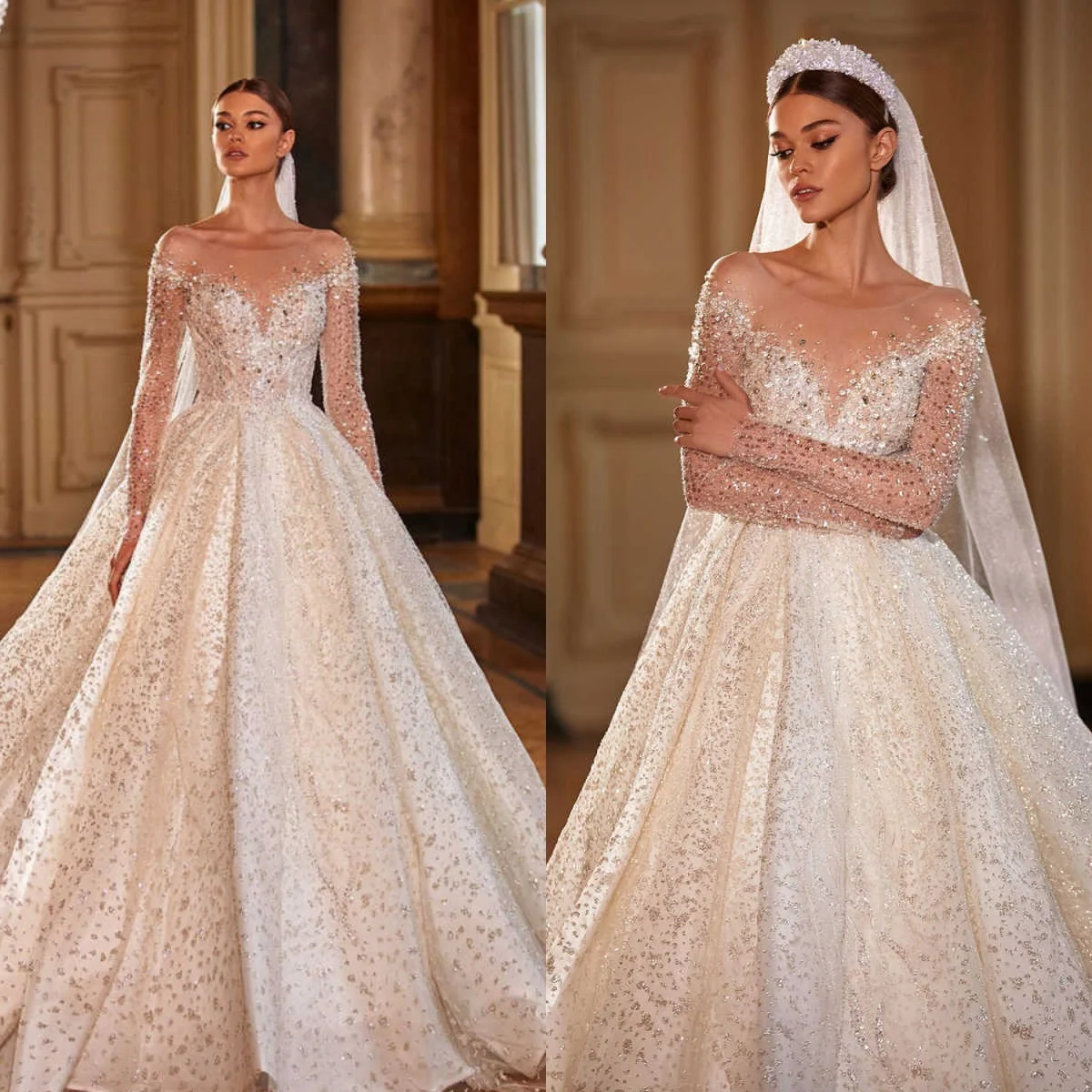 

Sparkly Sequins A Line Wedding Dresses Long Sleeve O Neck Bridal Gowns Crystal Beadeds Formal Customized Vestido De Novia