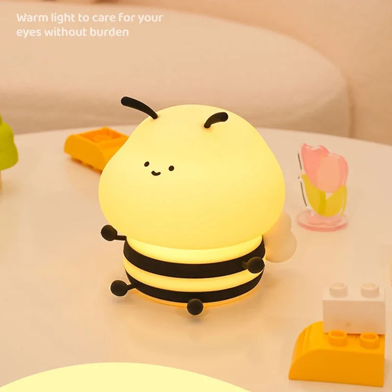 Soft Honeybee Night Lights para crianças, proteção para os olhos, cabeceira do quarto, lâmpada de silicone, crianças, bebê, abelha Nightlight, recarregável, presente bonito