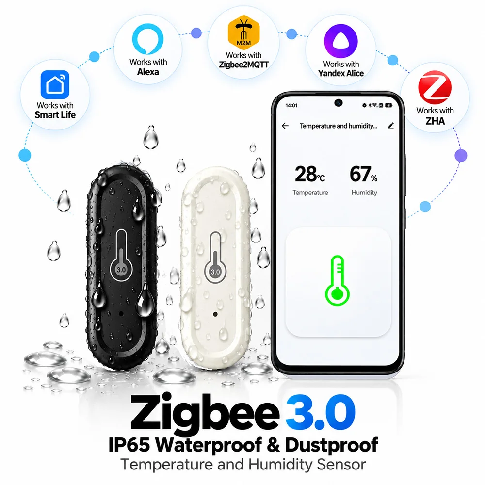 IP65 Waterproof Temperature Humidity Sensor Zigbee Hygrometer Smart Home APP Monitoring Works With Alexa Zigbee2MQTT