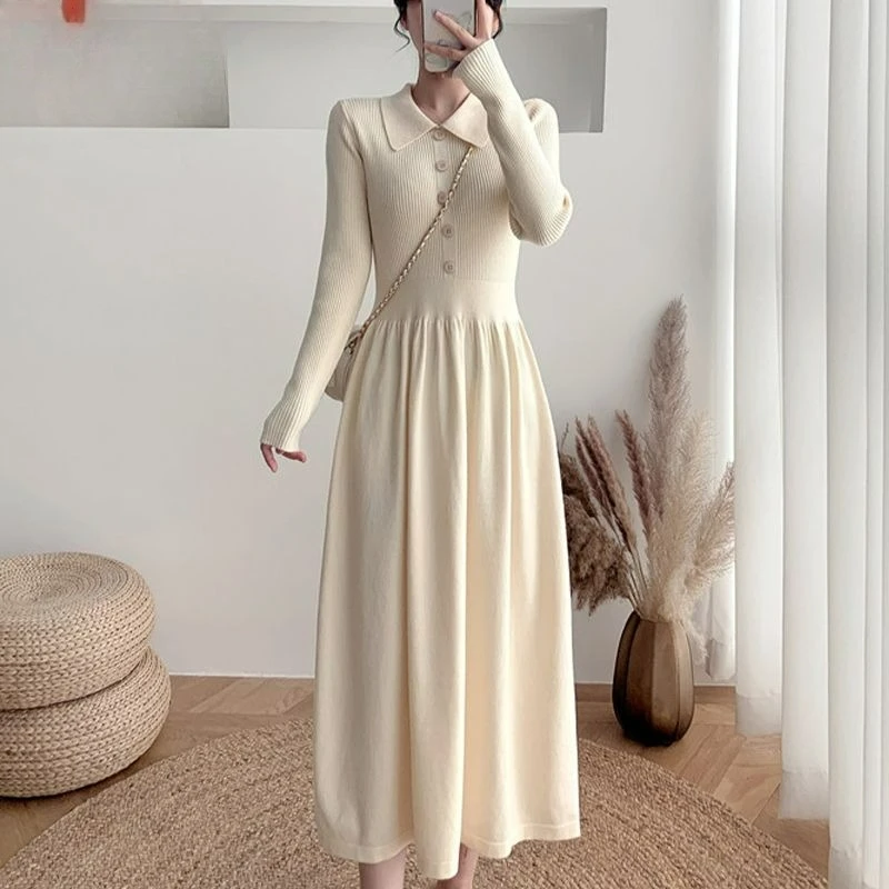 

Autumn Winter Women Knit Maxi Dress Turn Down Neck Skirt Long Sleeve Slim Solid Harajuku Ladies Fashion Sweater Dresses C156