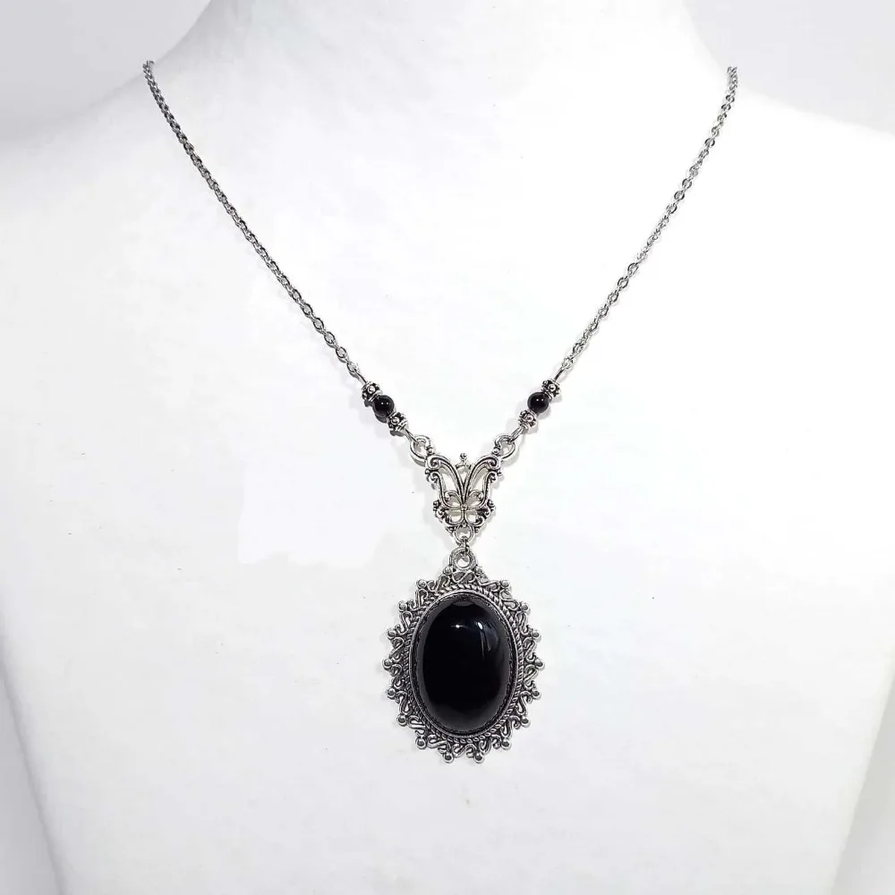 Victorian Gothic Silver Color Lacework Oval Natural Black Agate Pendant Necklace for Men Women Halloween Romantic Witch Jewelry